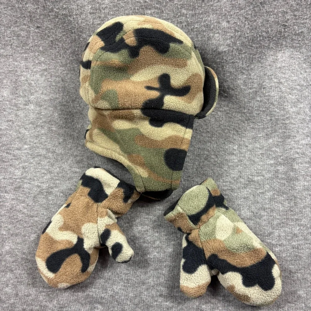 Kids Camo Fleece Trapper Hat w Mittens Set 2T-4T Winter Warm Playcore Practical - Picture 13 of 14